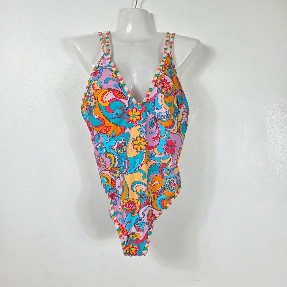 Cupshe One Piece Swimsuit Womens Large Multicolor Floral Psychedelic Retro New